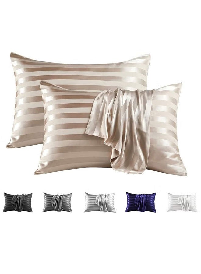 2 Pack Satin Pillowcase for Hair and Skin, Similar to Silk Stripe Pillow Cover, Cooling Pillow Cases with Envelope Closure, Gifts for Women, Queen & Standard Size 51 x 76 cm (Champagne Striped) - Image 1