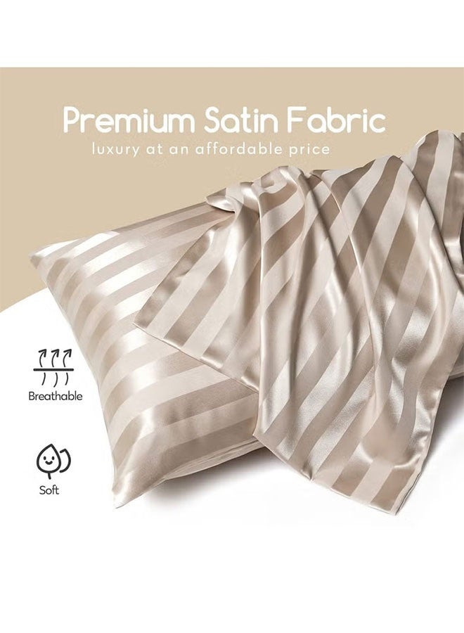 2 Pack Satin Pillowcase for Hair and Skin, Similar to Silk Stripe Pillow Cover, Cooling Pillow Cases with Envelope Closure, Gifts for Women, Queen & Standard Size 51 x 76 cm (Champagne Striped) - Image 3