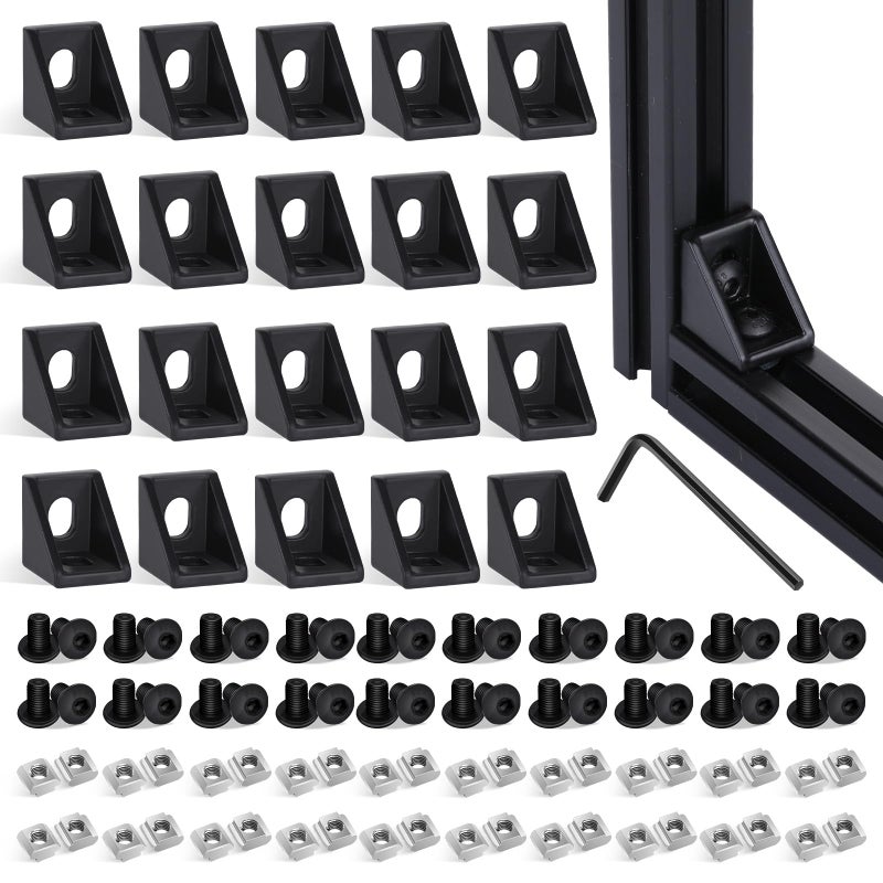 tchrules 20 Set Black 2020 Series Aluminum Profile Connector Kit 20pcs Corner Brackets with 40pcs M5 Screw Bolts and T Slide Nuts for 2020 Series Aluminum Profile Rail T Slot Extrusion Accessories - Image 2