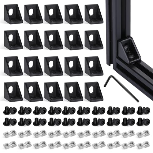 tchrules 20 Set Black 2020 Series Aluminum Profile Connector Kit 20pcs Corner Brackets with 40pcs M5 Screw Bolts and T Slide Nuts for 2020 Series Aluminum Profile Rail T Slot Extrusion Accessories - Image 1