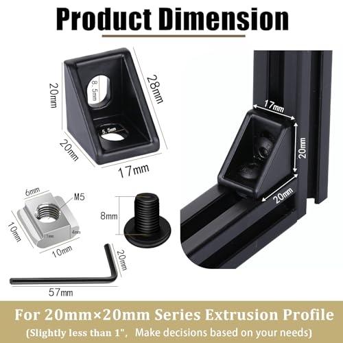tchrules 20 Set Black 2020 Series Aluminum Profile Connector Kit 20pcs Corner Brackets with 40pcs M5 Screw Bolts and T Slide Nuts for 2020 Series Aluminum Profile Rail T Slot Extrusion Accessories - Image 3