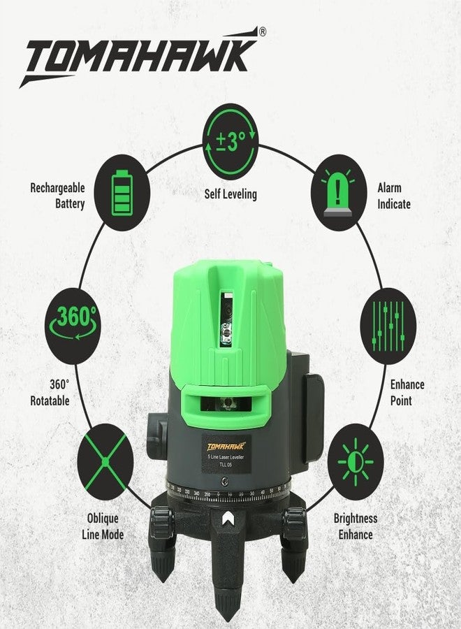 TOMAHAWK Professtional TLL-B-05-N 5 Lines 3D Horizontal and vertical green laser cross self leveling laser level - Waterproof and Rechargeable - Image 4