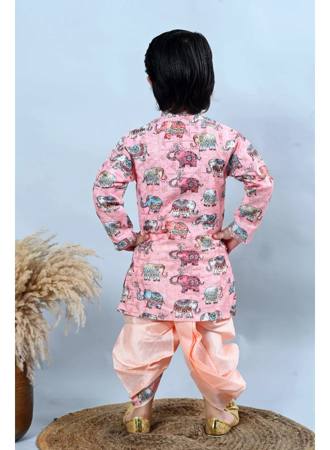 BT DEZINES Baby Pink Animal Print Kurta & Dhoti Set for Boys