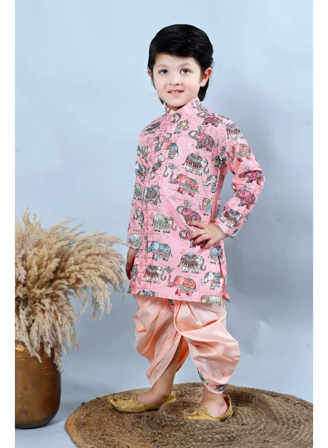 BT DEZINES Baby Pink Animal Print Kurta & Dhoti Set for Boys