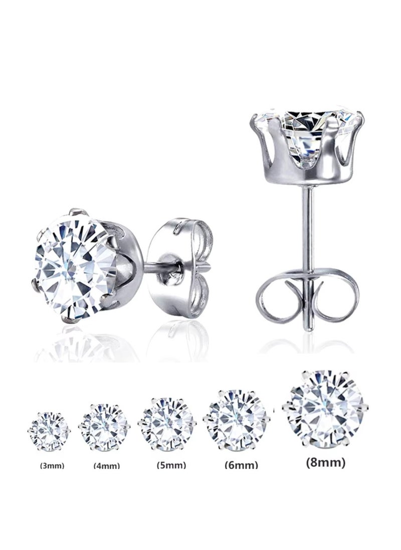 Soko Mesh 5 Pairs Hypoallergenic Stud Earrings Set, 316L Stainless Steel Cubic Zirconia Earrings, Durable CZ Earrings for Sensitive Ears, 3-8mm Steel Color, Non-Tarnish Jewelry  - Image 1