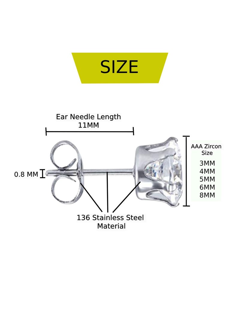 Soko Mesh 5 Pairs Hypoallergenic Stud Earrings Set, 316L Stainless Steel Cubic Zirconia Earrings, Durable CZ Earrings for Sensitive Ears, 3-8mm Steel Color, Non-Tarnish Jewelry  - Image 3