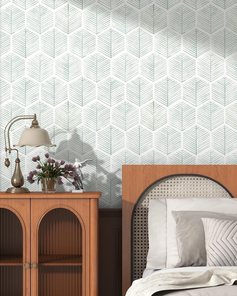 OSECAGE Modern Peel and Stick Wallpaper 17.3''Ã—78.8'' Geometric Wallpaper Boho Contact Paper Green and White Self-Adhesive Wall Paper Removable Decorative Wallpapers for Bedroom Bathroom Cabinets Decor Vinyl - Image 4
