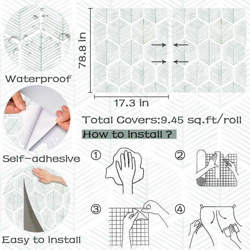 OSECAGE Modern Peel and Stick Wallpaper 17.3''Ã—78.8'' Geometric Wallpaper Boho Contact Paper Green and White Self-Adhesive Wall Paper Removable Decorative Wallpapers for Bedroom Bathroom Cabinets Decor Vinyl - Image 3