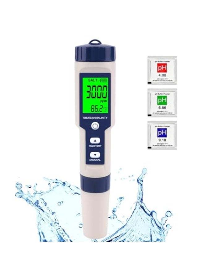 Generic Milatech 5 in 1 PH Meter,PH/TDS/EC/Salinity/Temp Meter for Water, High Accuracy Water Testing Kits for Drinking Water, Pools, Fish Tank, and Hydroponics,with 3 PH Buffer Powders  - Image 1
