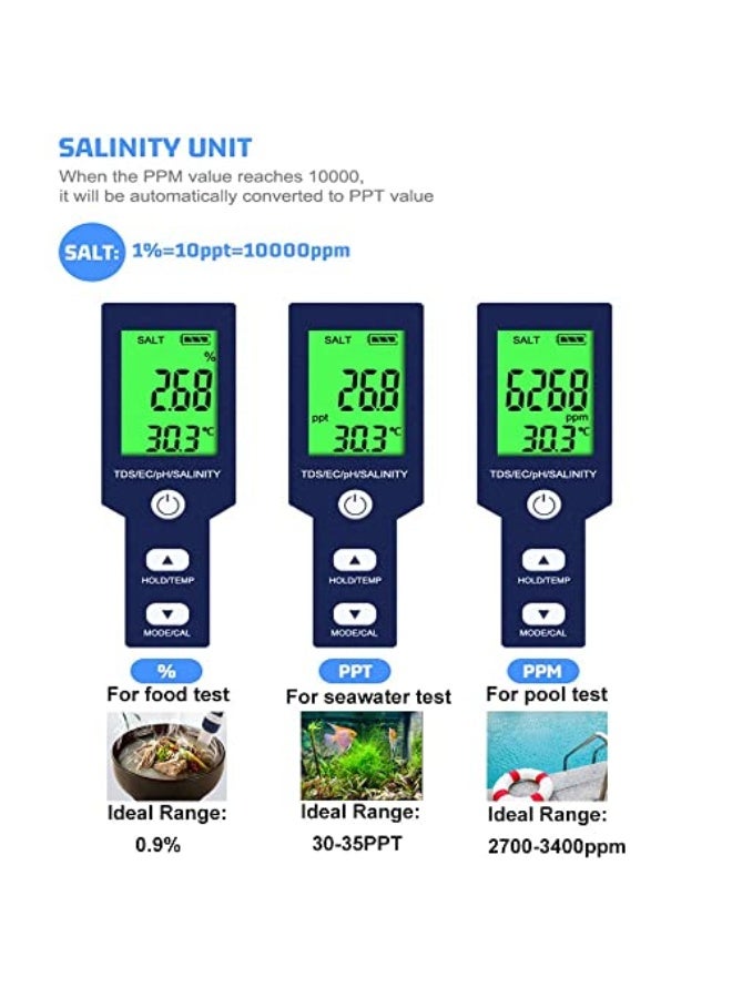 Generic Milatech 5 in 1 PH Meter,PH/TDS/EC/Salinity/Temp Meter for Water, High Accuracy Water Testing Kits for Drinking Water, Pools, Fish Tank, and Hydroponics,with 3 PH Buffer Powders  - Image 4