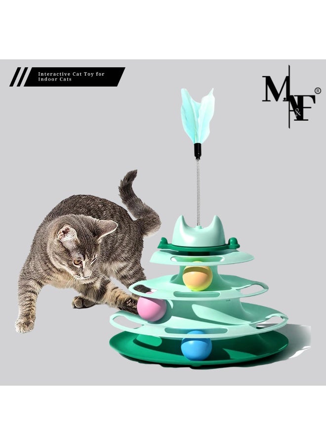 M.A&F's Interactive Cat Toy for Indoor Cats,4-Level Turntable Cat Toy Balls with 3 Colorful Balls,Circular Track Cat Roller Toy with Cat Feather Wand,Suitable for Kittens Hunting/Chasing/Exercising (Green) - Image 1
