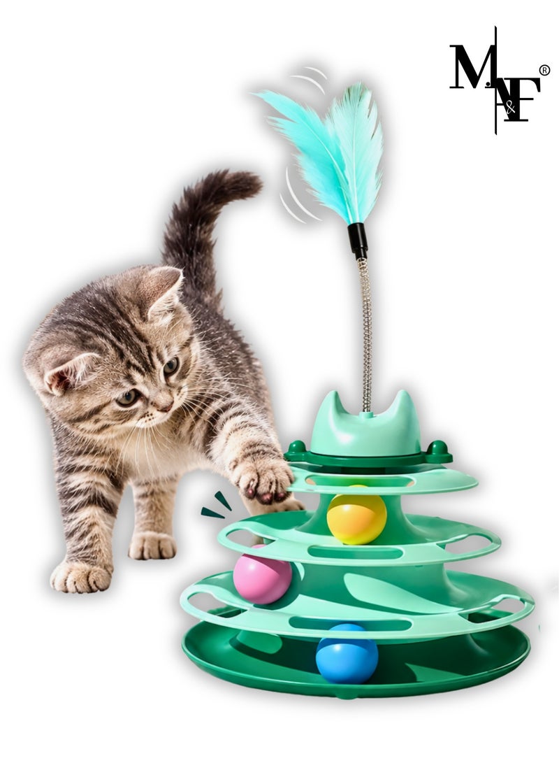 M.A&F's Interactive Cat Toy for Indoor Cats,4-Level Turntable Cat Toy Balls with 3 Colorful Balls,Circular Track Cat Roller Toy with Cat Feather Wand,Suitable for Kittens Hunting/Chasing/Exercising (Green) - Image 1