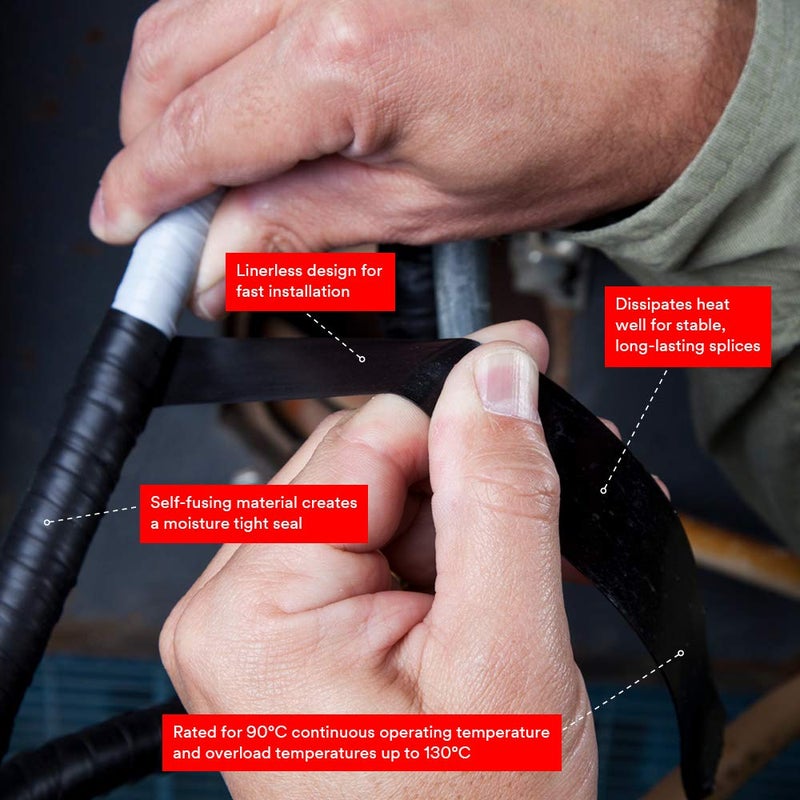 3M Scotch Linerless Electrical Splicing Tape 130C for Wires and Cables, 1 in x 10 ft, Rubber Backing, Self Fusing, UV Resistance, Highly Conformable, Moisture Seal, Black, 1 Roll - Image 3