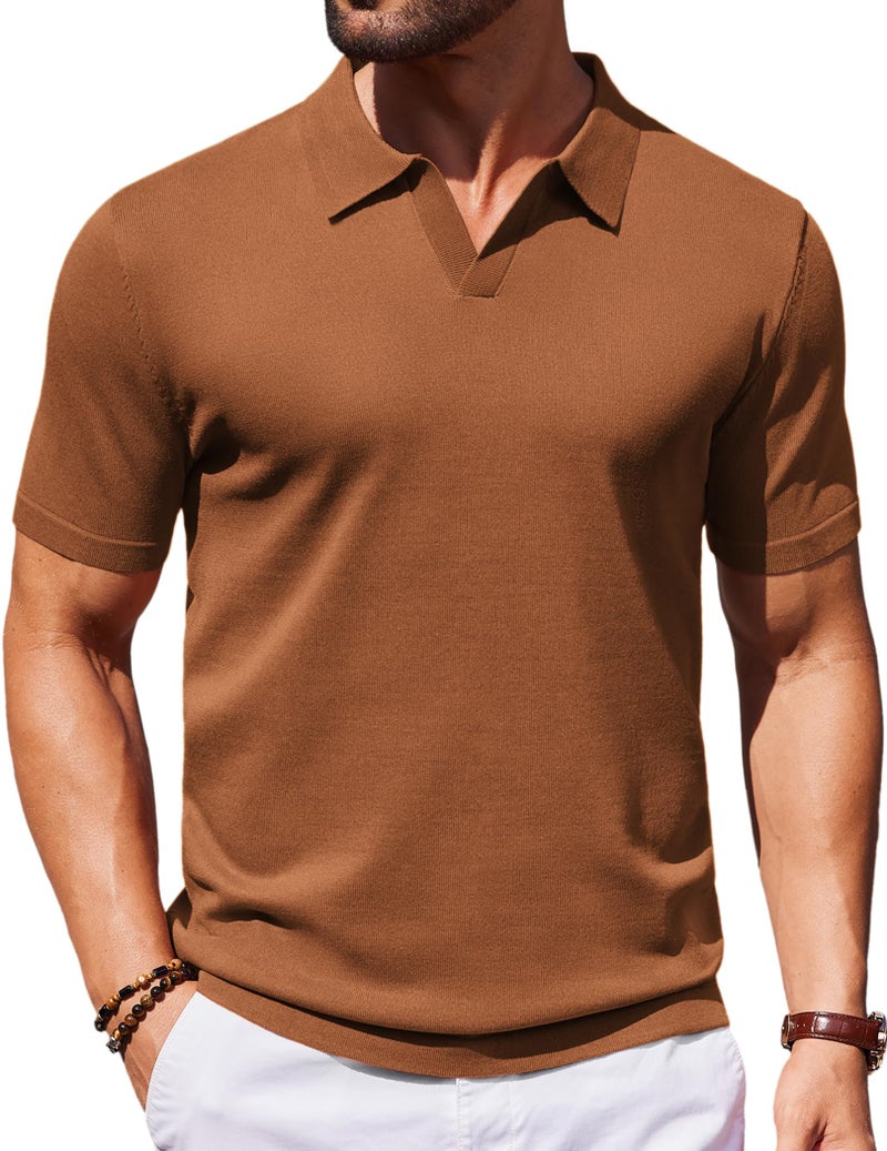 COOFANDY Mens Golf Shirts Short Sleeve Knit Collared Polo Shirts Summer Casual Beach T Shirt (Caramel, Small) - Image 1