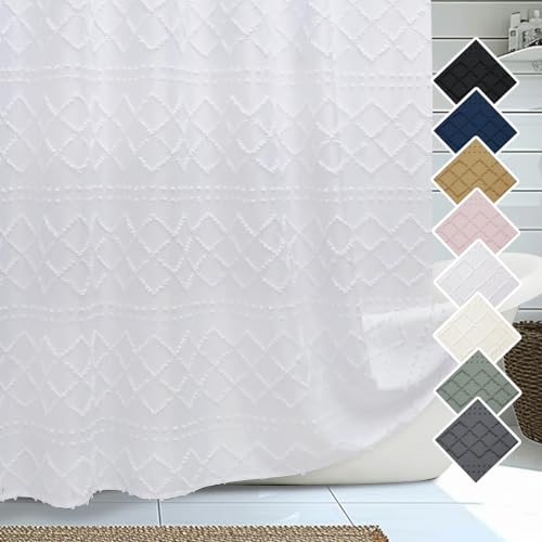 Lecloud White Fabric Shower Curtain 72x72 Inches Boho Tufted Plaid Striped Shower Curtain Set for Bathroom Chic Textured Cloth Shower Curtain - Image 1