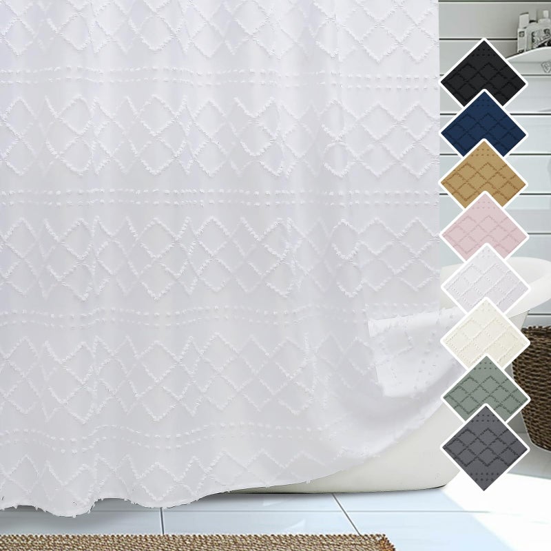 Lecloud White Fabric Shower Curtain 72x72 Inches Boho Tufted Plaid Striped Shower Curtain Set for Bathroom Chic Textured Cloth Shower Curtain - Image 2