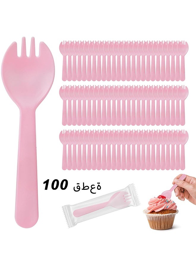Depend 100Pcs Mini Pink Plastic Spork, Individually Wrapped Utensils 2 in 1 Fork And Spoons, 4.5 Inch Individually Wrapped Disposable Cutlery, Small Fork Spoon Combo For Desserts, Ice Cream, Cakes, Outdoors, Appetizer, To-Go & Party Use - Image 1
