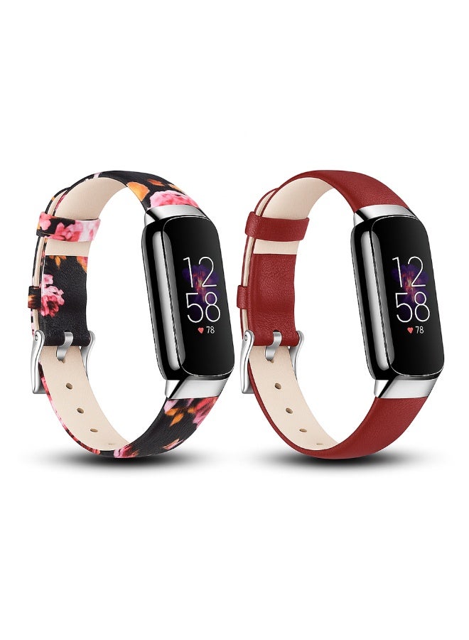 O Ozone (Pack of 2) O Ozone Leather Strap Compatible with Fitbit Luxe Strap for Women Men, Soft Breathable Leather Sport Wristband Metal Classic Buckle Bracelet Replacement Strap for Fitbit Luxe Fitness Tracker - Red/Floral - Image 1