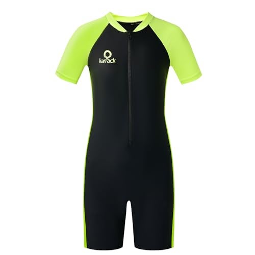 karrack Girls and Boys One Piece Rash Guard Swimsuit Kid Water Sport Short Swimsuits UPF 50+ Sun Protection Bathing Suits Black (Size 11-13Years) - Image 1