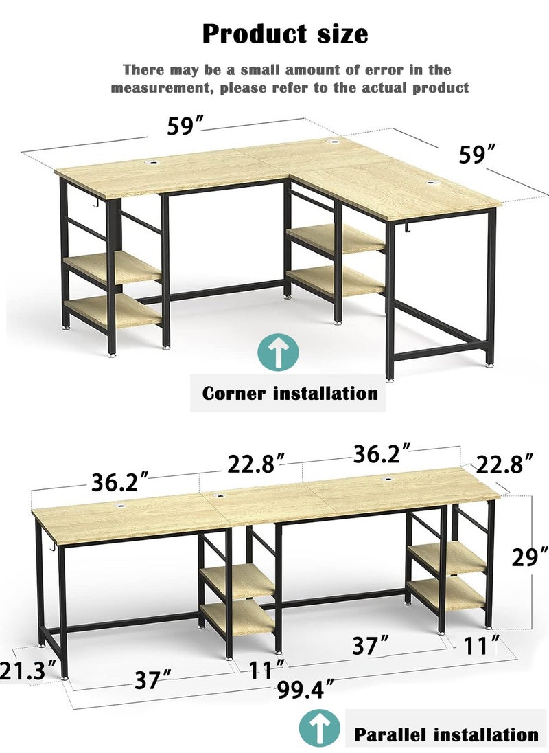 EqiEch - 59" Large L-Shaped Computer Desk With Storage,99.4" Long Workstation Table For 2 People,Corner Home Office Desk With Reversible Shelves(Oak) - Image 1