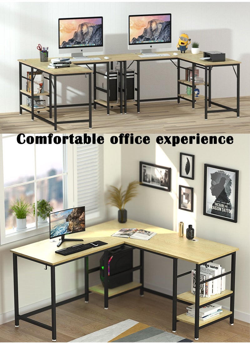 EqiEch - 59" Large L-Shaped Computer Desk With Storage,99.4" Long Workstation Table For 2 People,Corner Home Office Desk With Reversible Shelves(Oak) - Image 1