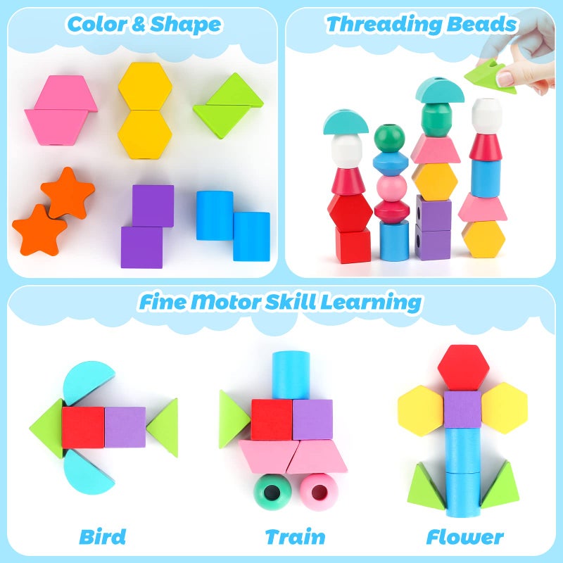 Hieoby Montessori Wooden Beads Sequencing Toy Set, Stacking Blocks & Lacing Beads & Matching Shape Stacker for 2 3 4 5 Year Old STEM Preschool Learning Montessori Toys Gifts for Kids Boy Girl Toddler - Image 5