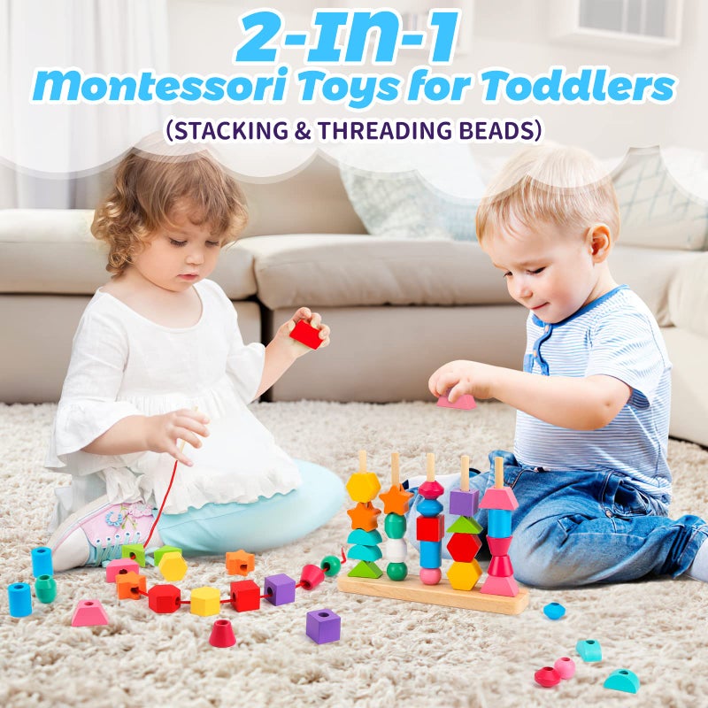 Hieoby Montessori Wooden Beads Sequencing Toy Set, Stacking Blocks & Lacing Beads & Matching Shape Stacker for 2 3 4 5 Year Old STEM Preschool Learning Montessori Toys Gifts for Kids Boy Girl Toddler - Image 3