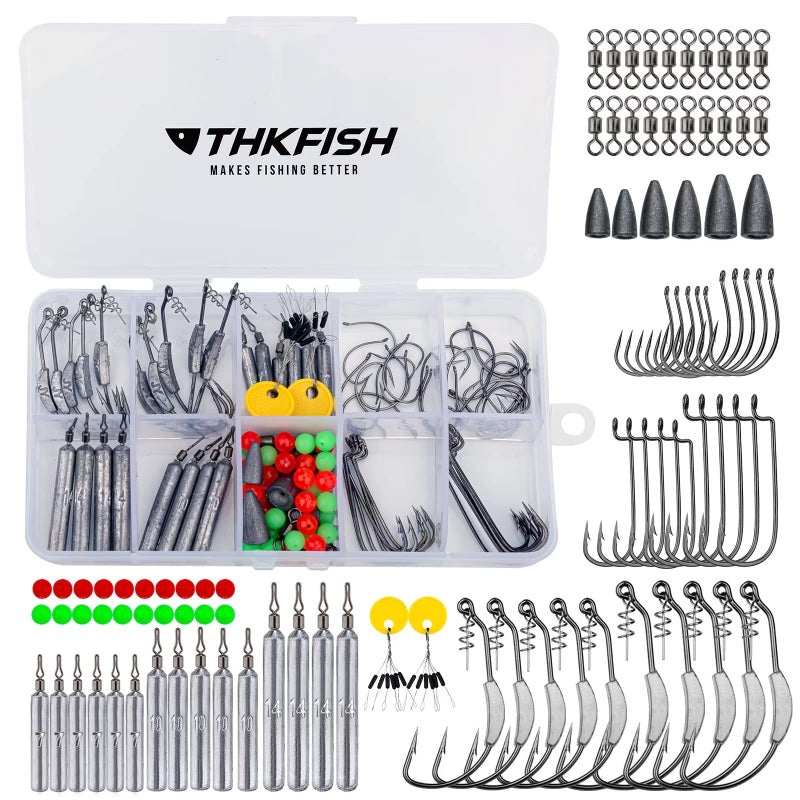 THKFISH Fishing Tackle Kit Drop Shot Weights Bullet sinkersDrop Shot Rig Texas Rig Carolina Rig Weighted Offset Hooks Wacky Hooks 123pcs - Image 1