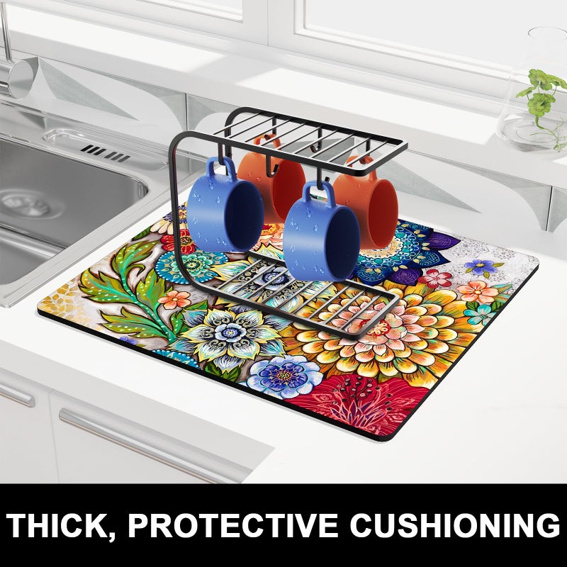 Rnivvi Dish Drying Mat for Kitchen Counter, 16 x 18" Cute Flower Theme Absorbent Heat Resistant Drying Pad with Non-slip Rubber, Coffee Bar Mats for Coffee Machine Dish Rack, Mandala Floral - Image 2