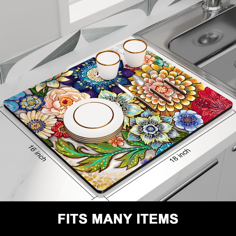 Rnivvi Dish Drying Mat for Kitchen Counter, 16 x 18" Cute Flower Theme Absorbent Heat Resistant Drying Pad with Non-slip Rubber, Coffee Bar Mats for Coffee Machine Dish Rack, Mandala Floral - Image 3