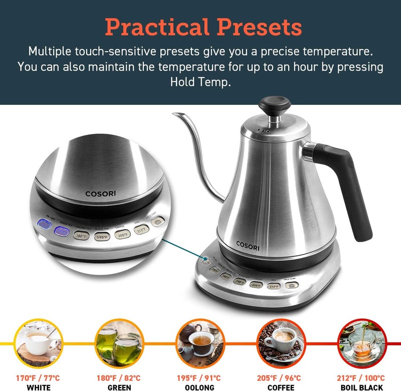 COSORI Gooseneck Electric Kettle with 5 Variable Presets, Pour Over & Coffee maker, 100% Stainless Steel Inner Lid & Bottom, 1200 Watt Quick Heating, 0.8L, Silver - Image 3
