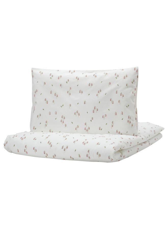 erorex Duvet cover 1 pillowcase for cot, white/floral pattern, 110x125/35x55 cm - Image 1