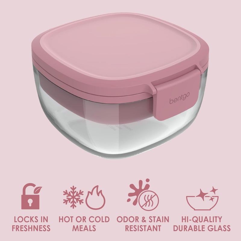 Bentgo Glass All-in-One Salad Container - Large 61-oz Salad Bowl with Lid  4-Compartment Bento-Style Tray  3-oz Sauce Container  and Reusable Fork - Dishwasher  Microwave  and Oven Safe (Rose) - Image 3