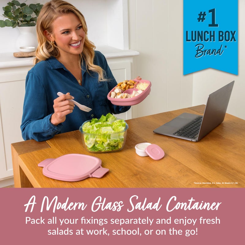 Bentgo Glass All-in-One Salad Container - Large 61-oz Salad Bowl with Lid  4-Compartment Bento-Style Tray  3-oz Sauce Container  and Reusable Fork - Dishwasher  Microwave  and Oven Safe (Rose) - Image 2