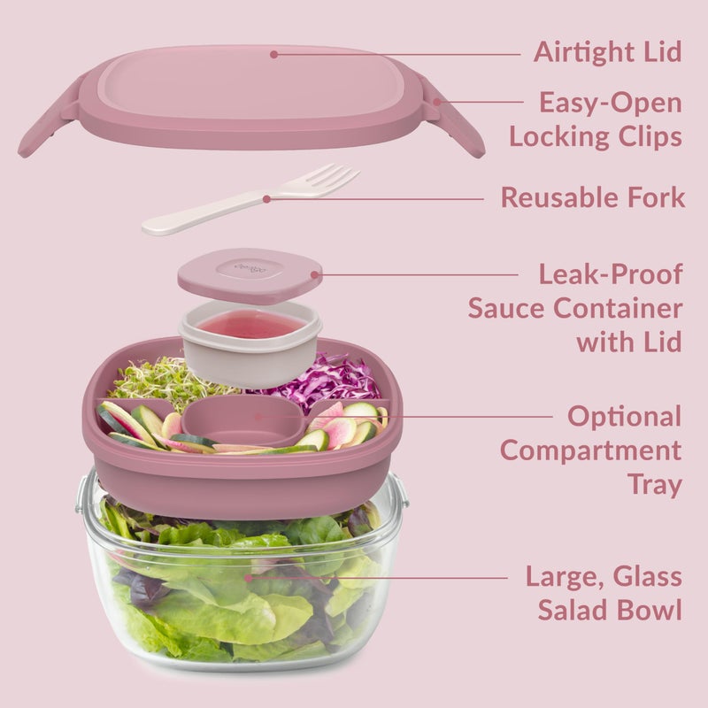 Bentgo Glass All-in-One Salad Container - Large 61-oz Salad Bowl with Lid  4-Compartment Bento-Style Tray  3-oz Sauce Container  and Reusable Fork - Dishwasher  Microwave  and Oven Safe (Rose) - Image 5