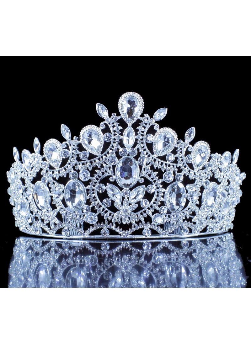 Janefashions Queen Austrian White Clear Crystal Rhinestone Tiara Hair Combs Crown Veil Headband Headpiece Jewelry Costume Theater Birthday Party Prom Princess Silver T1900 