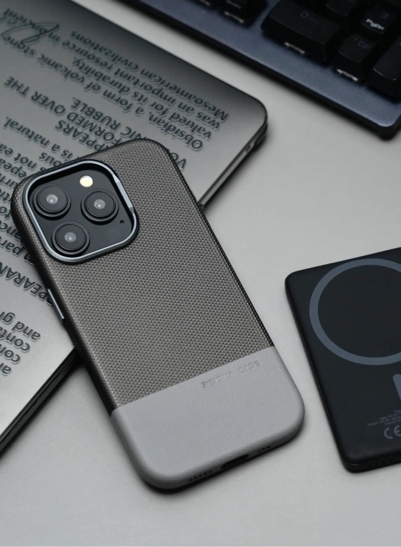 YANCI Reeska case For iPhone 16 Pro Max Magsafe Case Cuir Two Tone Leather Cover / Hybrid Case /Compact Design / Durable Back Cover - Grey - Image 1