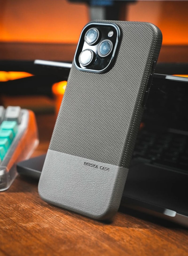 YANCI Reeska case For iPhone 16 Pro Max Magsafe Case Cuir Two Tone Leather Cover / Hybrid Case /Compact Design / Durable Back Cover - Grey - Image 3