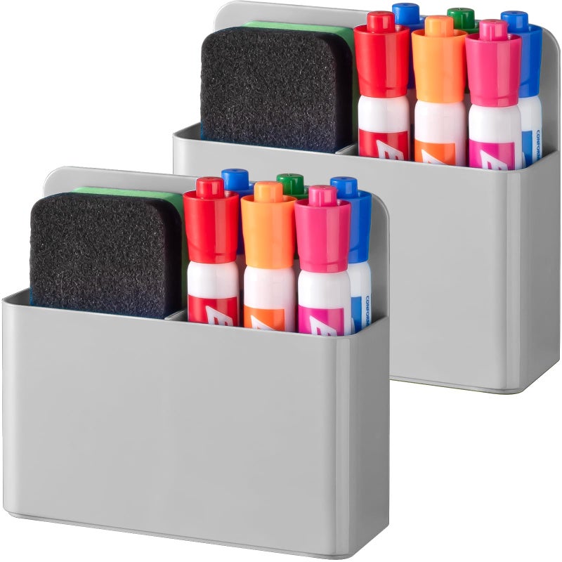 BEYGORM 2 Pack Plastic Magnetic Pen Holder for Refrigerator, Dry Erase Marker Holder for Whiteboardï¼ŒMagnet School Locker Organizer Accessories, Pencil Cup, Pen Caddy, Classroom Organization(Grey) - Image 1