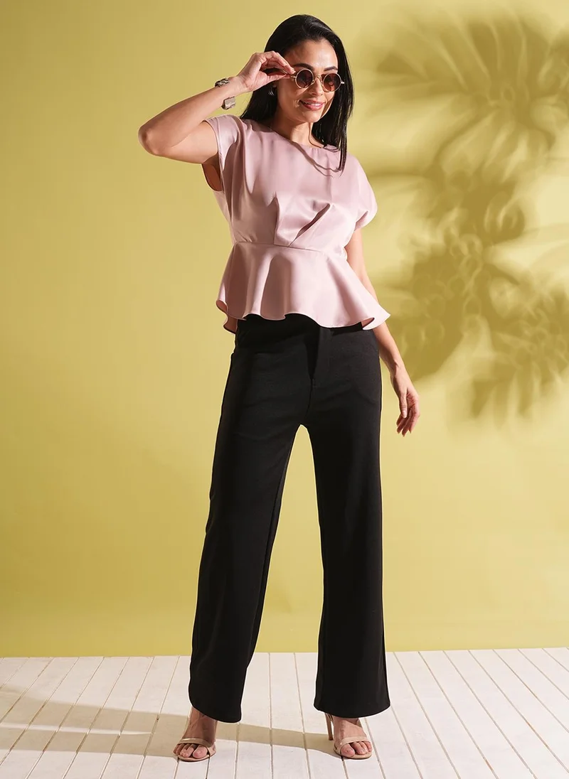 globus Globus Women Satin Round Neck Extended Sleeves Peplum Work Wear Top