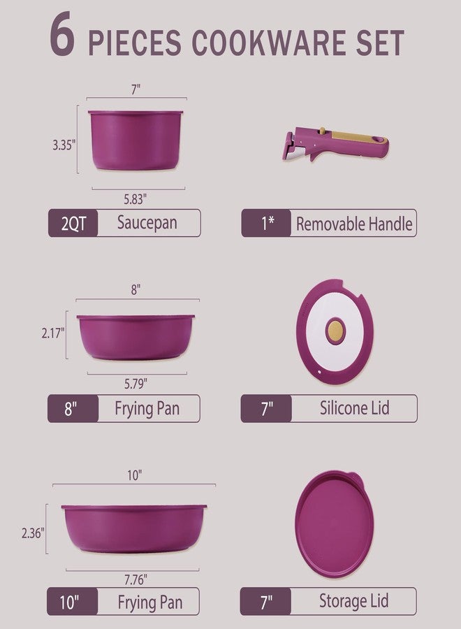 Carote 6-Piece Ceramic Cookware Set with Detachable Handle, Stackable Frying Pan & Saucepan with Lids, PFAS-Free Nonstick Healthy Cooking Set, All Kitchen Stovetop Compatible, Dishwasher Safe (Purple) - Image 2