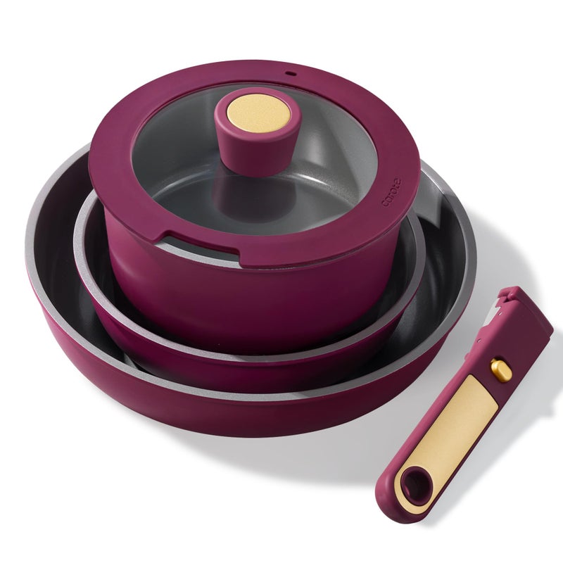 Carote 6-Piece Ceramic Cookware Set with Detachable Handle, Stackable Frying Pan & Saucepan with Lids, PFAS-Free Nonstick Healthy Cooking Set, All Kitchen Stovetop Compatible, Dishwasher Safe (Purple) - Image 1