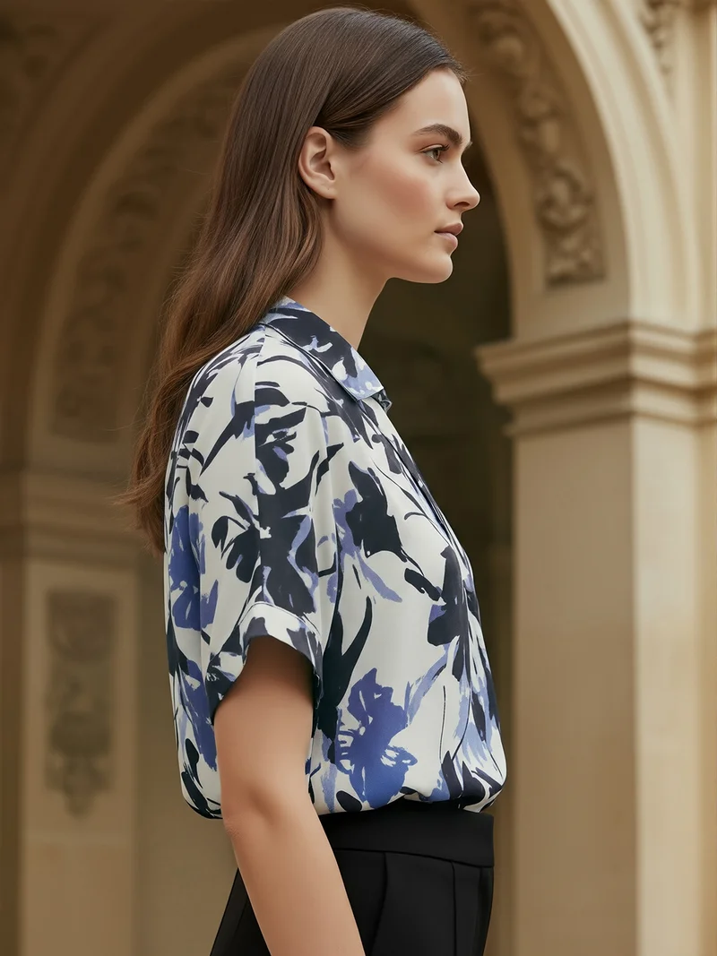 globus Globus Women Blue Floral Print Collared V-Neck Extended Sleeves Pleated Detail Top