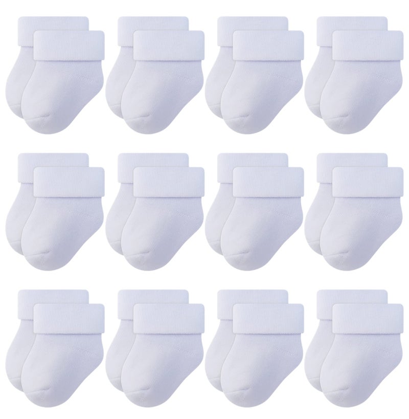 RATIVE Newborn Socks Thick Terry Turn Cuff Socks for Unisex Baby Boy and Girl (0-6 months, 12-pairs/white) - Image 1