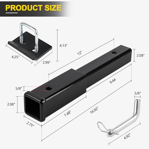 CPROSP 12'' Hitch Extension/Extender, Fits for 2" Receiver Tube Tow Bar Steel Shank Heavy Duty 6000 lbs, Hitch Receiver Extension with 5/8'' Pin Hole - Image 2