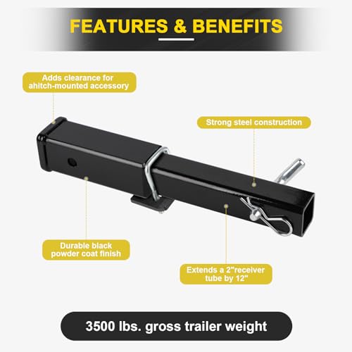 CPROSP 12'' Hitch Extension/Extender, Fits for 2" Receiver Tube Tow Bar Steel Shank Heavy Duty 6000 lbs, Hitch Receiver Extension with 5/8'' Pin Hole - Image 3