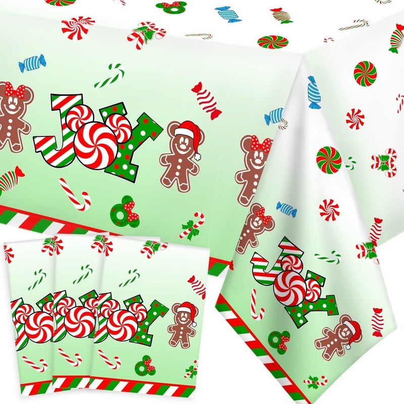 Haimimall 3pcs Christmas Tablecloth Gingerbread Christmas Table Cover Peppermint Christmas Candyland Joy Table Cloths Xmas Santa Mouse Christmas Decorations for Dining Room 108x54 inches - Image 1