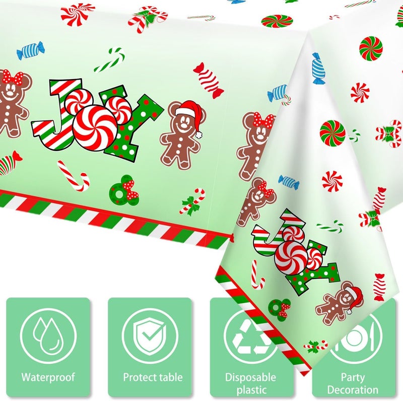 Haimimall 3pcs Christmas Tablecloth Gingerbread Christmas Table Cover Peppermint Christmas Candyland Joy Table Cloths Xmas Santa Mouse Christmas Decorations for Dining Room 108x54 inches - Image 3