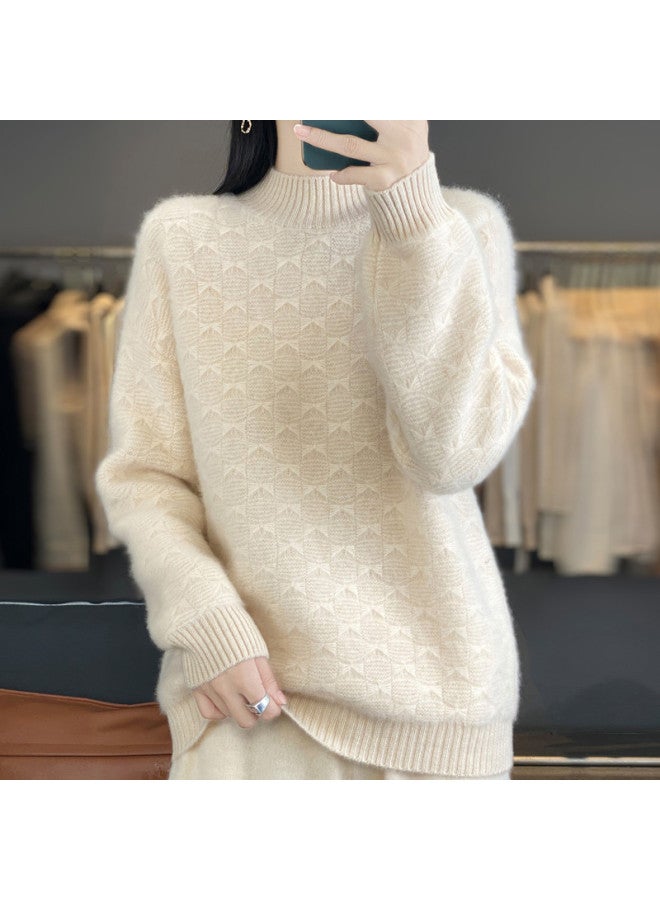XINYANG Seven-Needle Thickened Pure Wool Women'S Semi-Turtle Neck Base Layer 2025 Autumn Textured Bow Sweater - Image 3