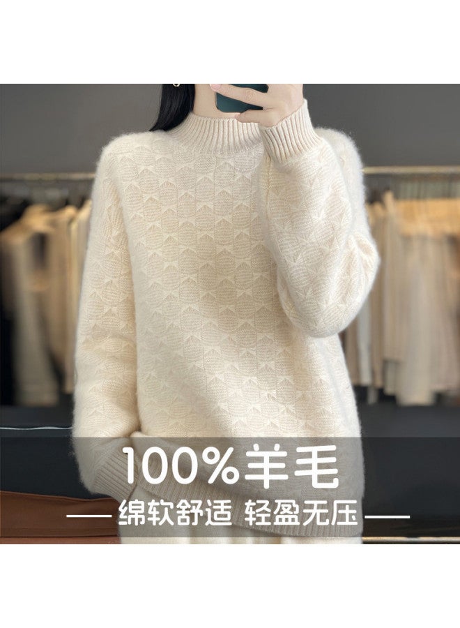 XINYANG Seven-Needle Thickened Pure Wool Women'S Semi-Turtle Neck Base Layer 2025 Autumn Textured Bow Sweater - Image 2